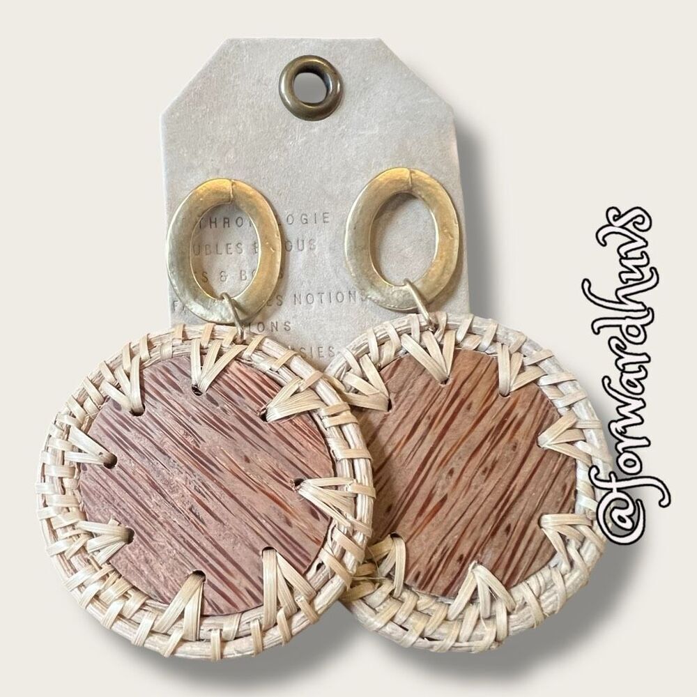 Raffia Style Wrapped Bamboo Wood Drop Earrings